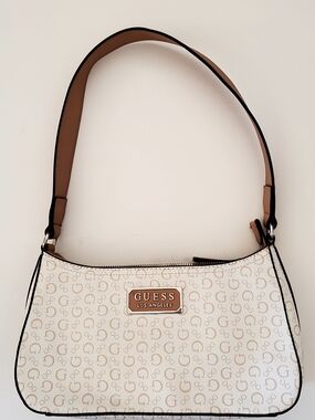 GUESS Cream & Tan Signature Shoulder Bag 10" X 5.5" New